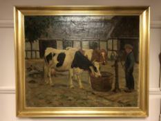 Continental school : Cattle by a water pump, oil on canvas, 69 x 56 cm, indistinctly signed,