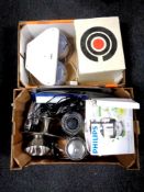 Two boxes of stainless steel kitchen ware, boxed Le Cruset fondue set,