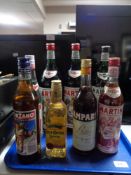 A tray containing eight bottles of alcohol to include Martini, Campari, Ouzo and Jose Cuervo.