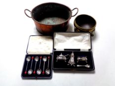 A tray containing antique copper brass handled pan, a copper planter on raised feet,