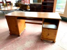 A pine twin pedestal computer work desk together with a pine corner desk