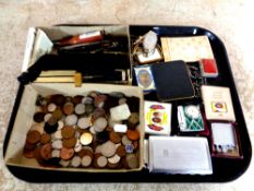 A tray of miscellany to include pocket lighters, cigarette case with lighter, antique key,