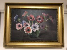 Continental school : Still life with flowers in a vase, oil on canvas, 38 x 27 cm, framed.