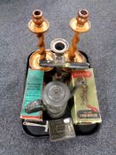 A tray containing antique and later miscellaneous to include pewter tea pot, brass candlestick,