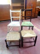 Two tapestry seated bedroom chairs together with two further rush seated stools