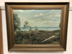 Continental school : A view across dunes, oil on canvas, 42 x 32 cm, indistinctly signed, framed.