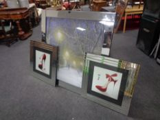 An all glass framed picture depicting a twilight street scene with glitter decoration together with