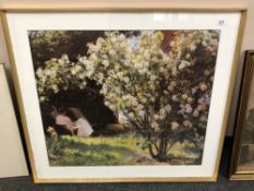 A continental colour print depicting a rose garden, 75 x 65 cm, framed.