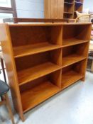 A set of open bookshelves.