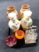 A tray containing antique and later glassware to include a four piece glass and silver plated cruet