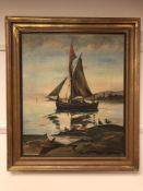 N Madsen : Fishing boat at low tide, oil on canvas, 48 x 58 cm, framed.