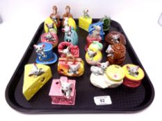 A box of foreign pottery ornaments and hand bells in the form of mice