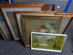 An oil on board depicting a Cathedral together with six other framed prints.