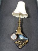 A tray of a large brass table lamp with shade, ship in light bulb, treen biscuit barrel,