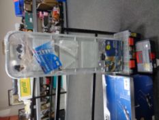 A set of folding four rung steps (new) together with a Nutoll 600W angle grinder (new),