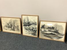 Continental school : A warship in rough seas, watercolour, 46 x 34 cm, indistinctly signed,