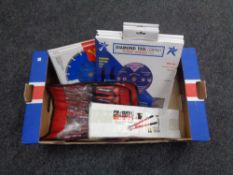 A box containing new tools including Neilsen 14 inch bolt cutter, three 7 piece wood chisel sets,