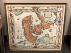 A continental hand coloured map, 53 x 46 cm, framed.