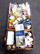 Three boxes containing 20th century china and glassware, decanters, silver plated wares,