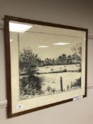 John S Thomsen : A view across a lake, pen and ink, 55 x 49 cm, framed.