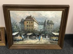 J L Mauriel : Continental flower market, oil on canvas, 40 x 50 cm, framed.