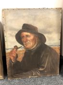 Continental school : Fisherman with a pipe, oil on canvas, 40 x 51 cm, framed.
