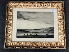 20th century school : A stockman with cows in an open landscape, drypoint etching,