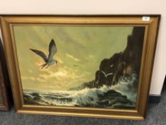 Twentieth Century School : Seascape with Seagulls and Cliffs, oil on board,