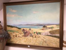 Continental school : Farmers gathering the harvest in field, oil on canvas,