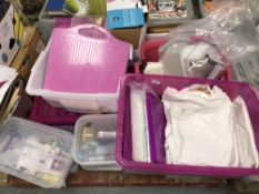 A pallet containing a large quantity of craft materials including cards, glue, glitter,