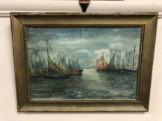 Continental school : Boats at sunset, oil on canvas, 32 x 21 cm, framed.