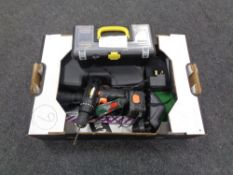 A box containing cased Xtreme 250W multi tool, electric hand drills by Bosch, Challenge hand torch,