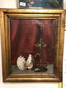 Continental school : Still life with an oil lamp, oil on canvas, 29 x 37 cm, framed.