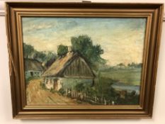 Continental school : A thatched cottage by a river, oil on canvas, 40 x 30 cm, framed.