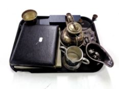 A tray of silver plated wares, gravy boat, three branch candelabrum, cased cutlery.