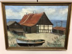 Continental school : A boathouse, oil on canvas, 60 x 42 cm, framed.