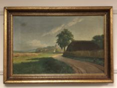 W Jensen : A thatched cottage by farmland, oil on canvas,