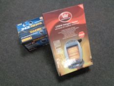 A boxed Work Zone wet and dry bench grinder together with a boxed Prem-i-air 1200W halogen heater