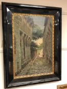 Continental school : A cobbled street, oil on canvas, 40 x 58 cm,