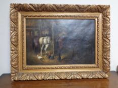 Attributed to John Atkinson (1863-1924) Horses in stables with chickens feeding, oil on canvas,