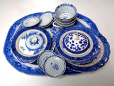 A 19th century blue and white meat plate together with further blue and white ceramics to include