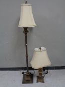 A contemporary Corinthian column and marble standard lamp with shade together with similar table
