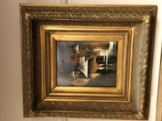 20th century school : figures by a bridge, an oil on panel,