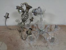A box containing a glass five way chandelier with drops together with a further metal three way