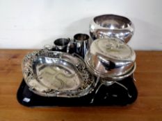 A tray containing plated wares to include Art Nouveau swing handled basket,