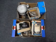 A vintage Osokool Twenty fridge together with two boxes containing camping stoves, wire metal racks,