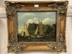 Attributed to John Hall : boats in a dock, oil on board, 24 cm x 18 cm,