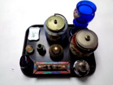 A tray of cloisonne vase, silver plated and china lidded pot, biscuit barrels,