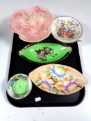 A tray containing four assorted Maling dishes together with a Crown Devon salad bowl