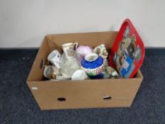 A box containing miscellaneous china to include Maling vase and Sundae dish,